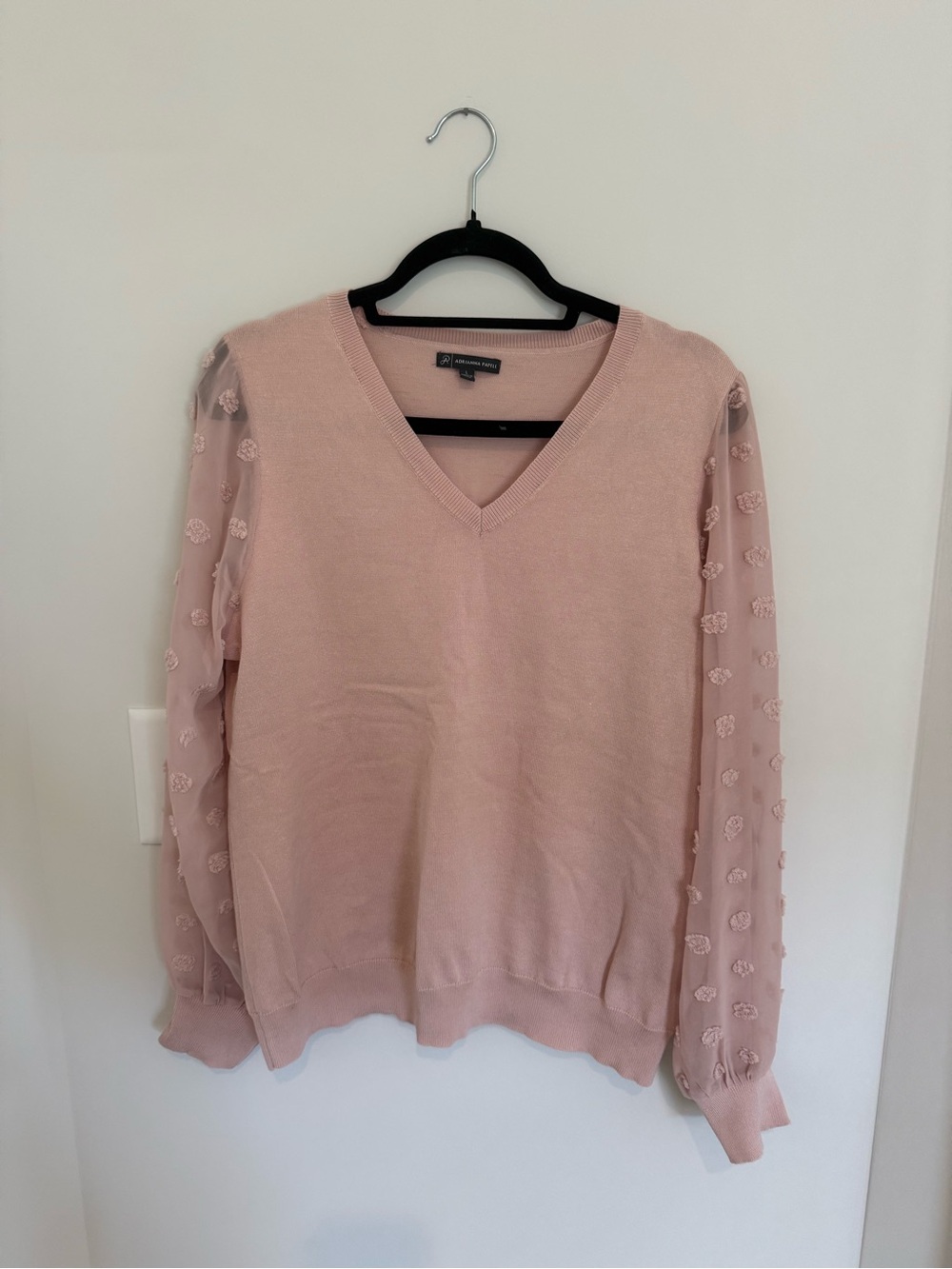 Adrianna Papell Blush Pink V-Neck Sweater with Sheer Embellished Sleeves